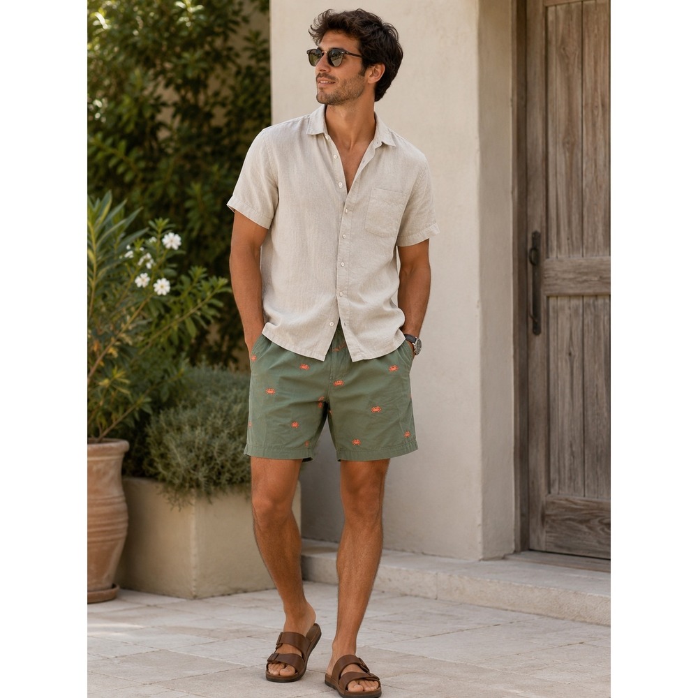J. McLaughlin Mens Sage Green Embroidered Crab Chino Shorts 100% Cotton Size 35‎